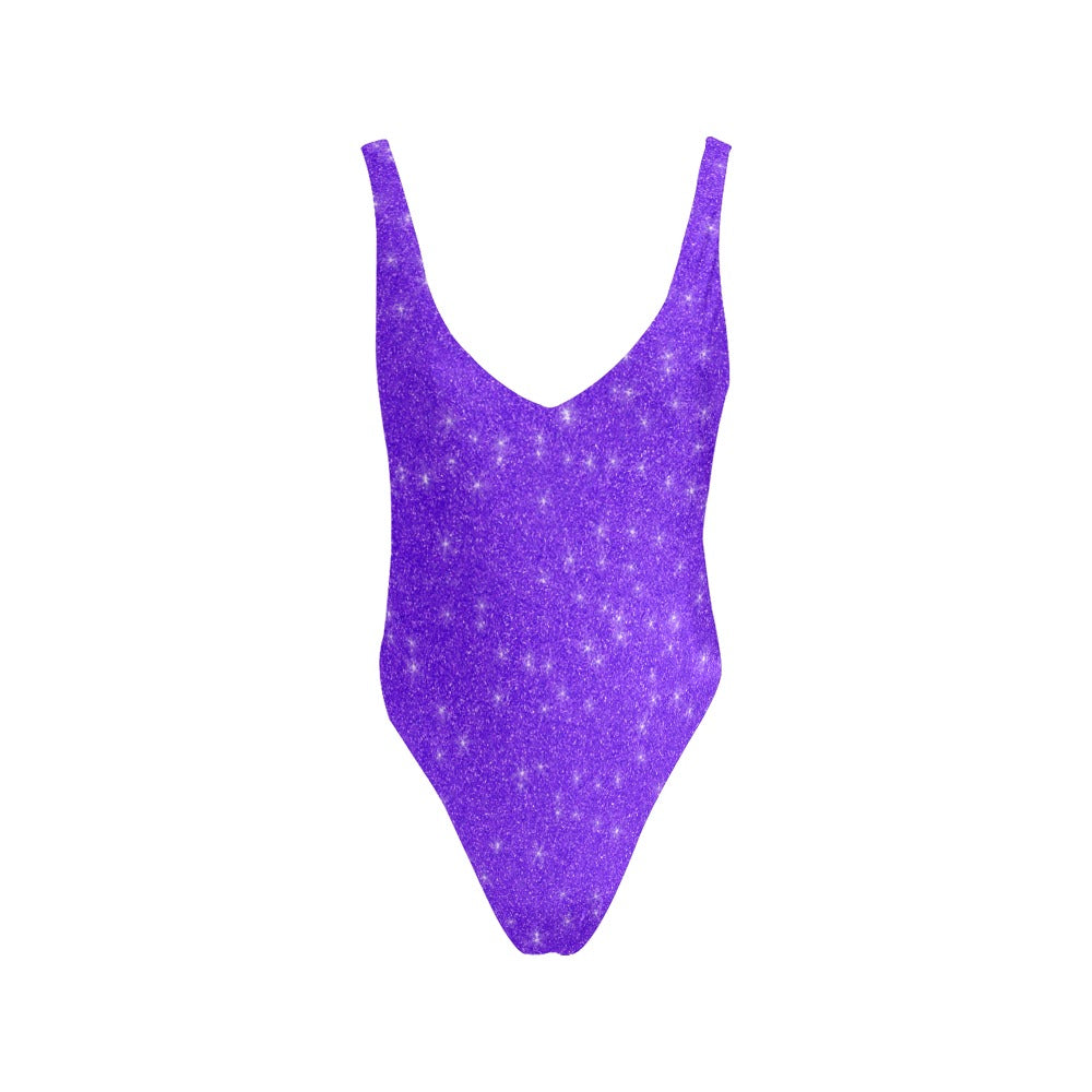 Purple Glitter Siren Plunging Backless Sculpting One Piece Swimsuit