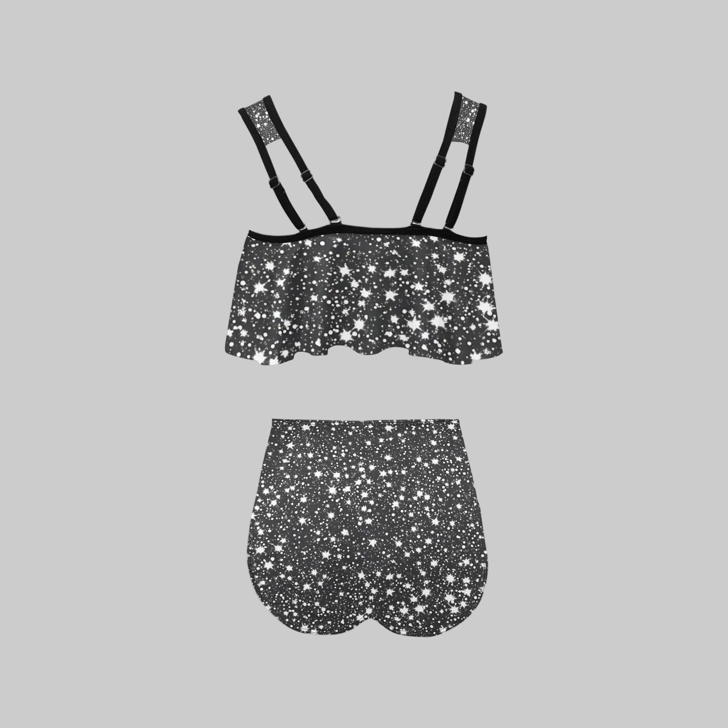 Black White Rock Stardust High Waisted Flounce Bikini Swimsuit Set
