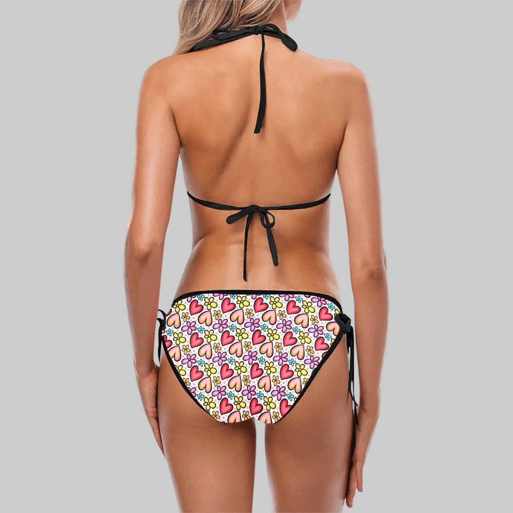 Women's Peach and Red Hearts Custom Triangle Bikini Swimsuit Set