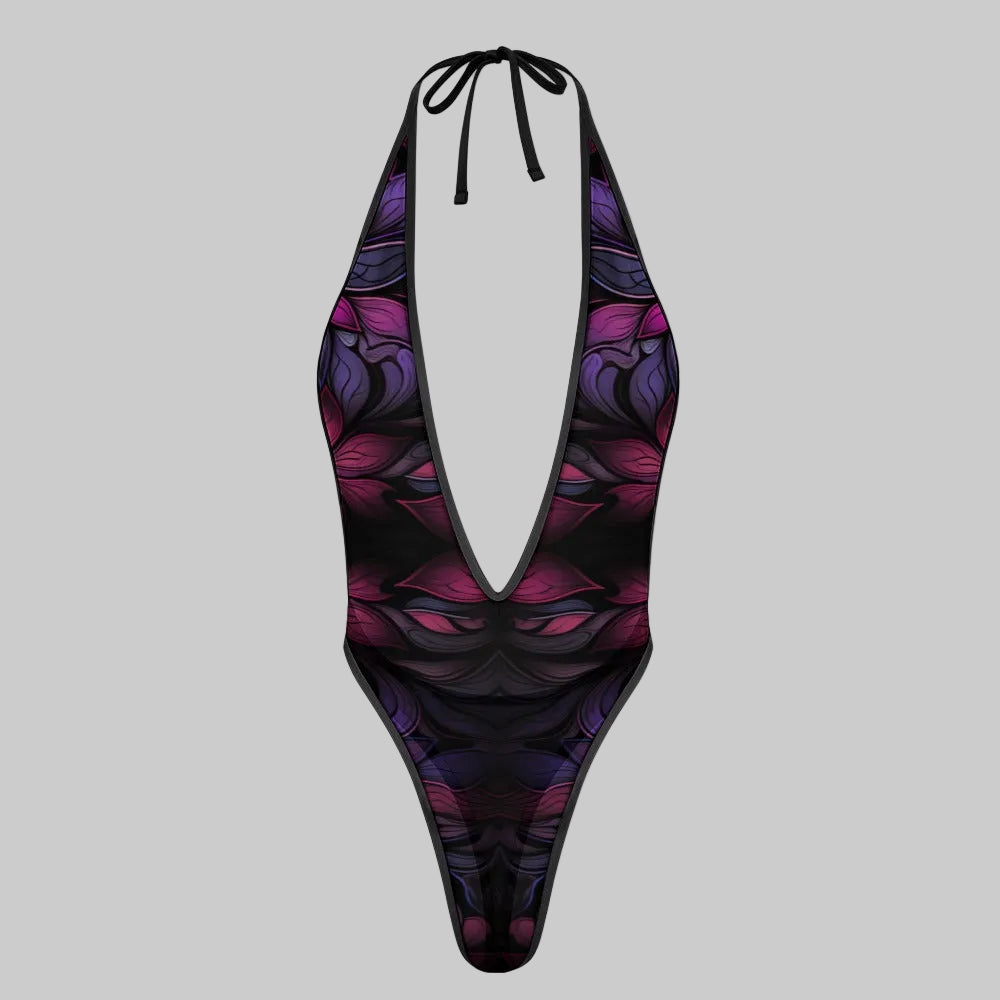 Midnight Orchid Plunging Mesh High Cut Bodysuit Teddy