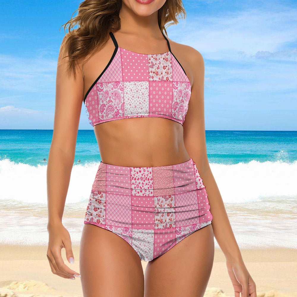 Bright Pink Patchwork Suspender Bikini Set