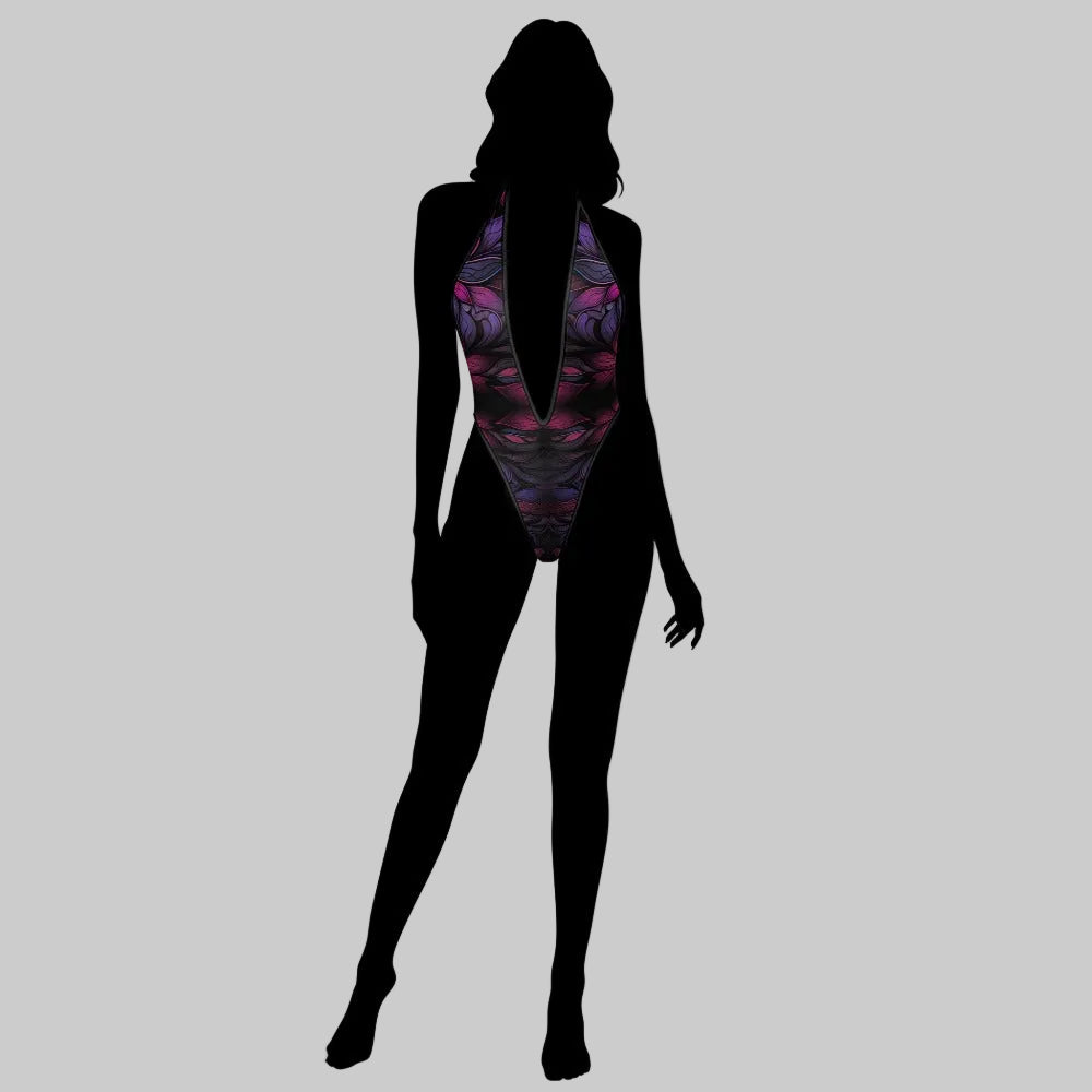 Midnight Orchid Plunging Mesh High Cut Bodysuit Teddy