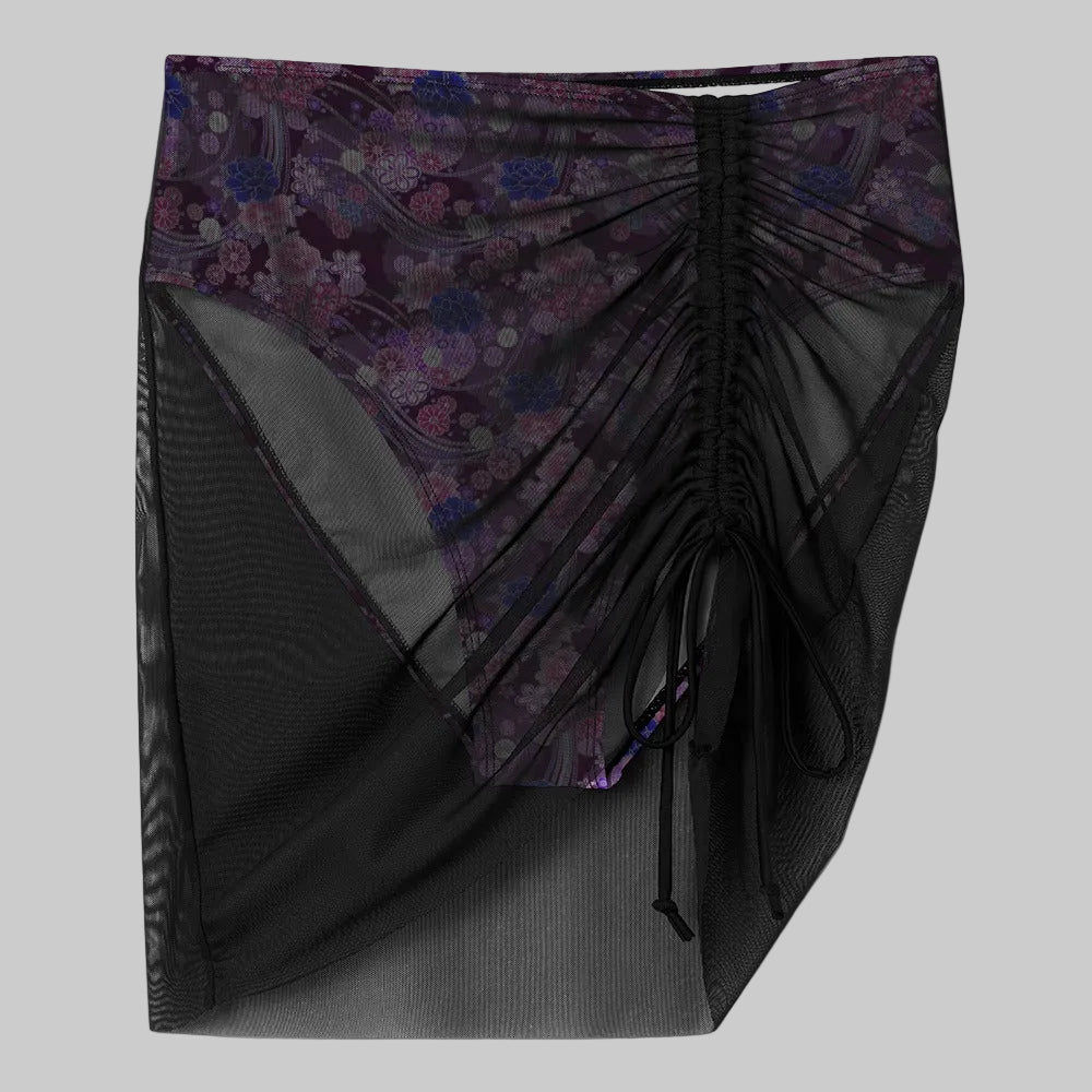 Lavender Floral Mesh Skirt Bikini Set