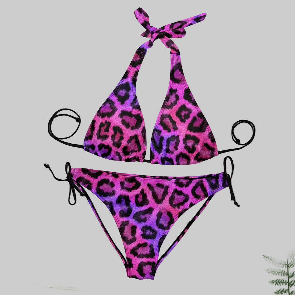 Hot Pink Black Leopard Spotted V Neck Halter Bikini