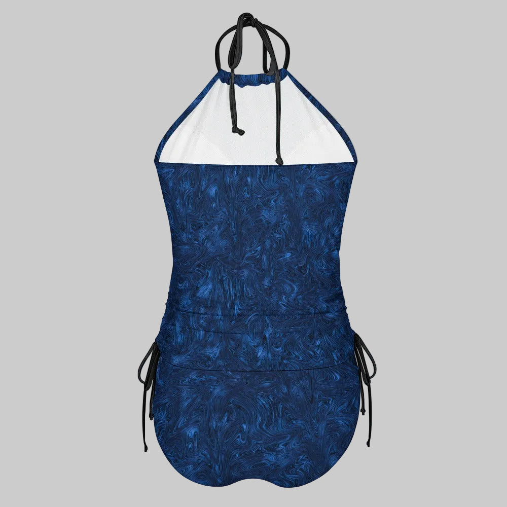 Midnight Blue Fractal High Neck Tankini Two Piece Bikini Set