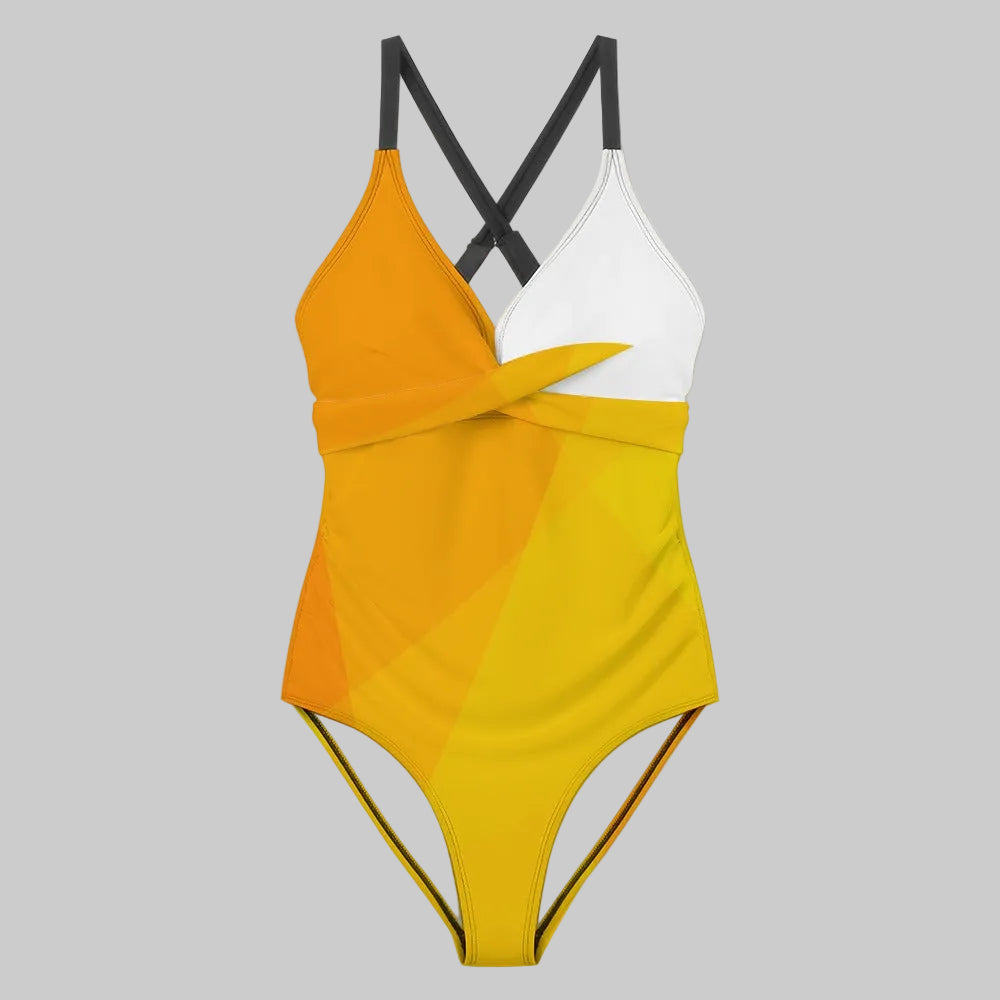 Golden Wave Abstract Backless One-Piece Swimsuit