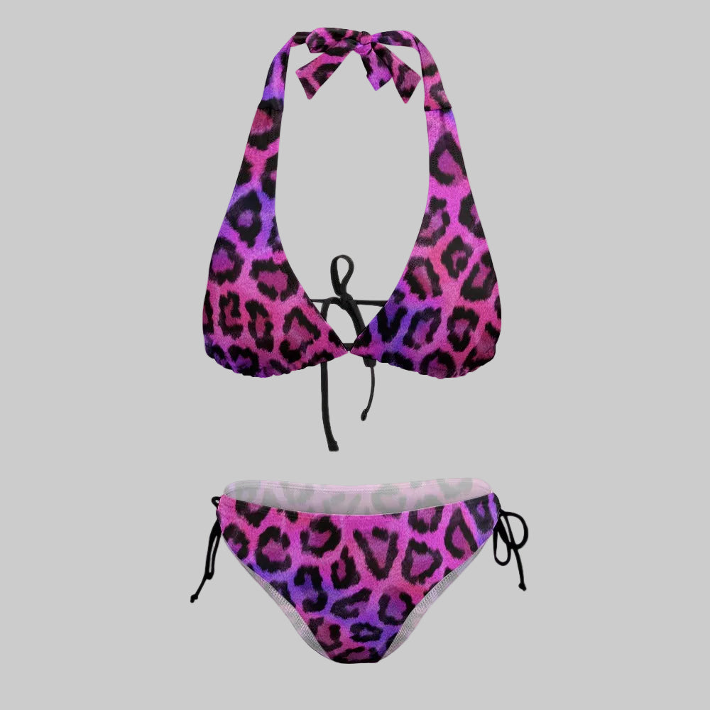 Hot Pink Black Leopard Spotted V Neck Halter Bikini