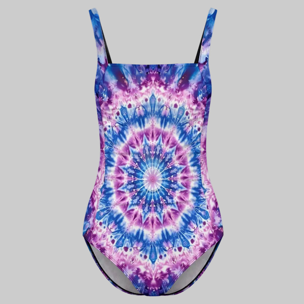 Steel Blue Kaleidoscope Tummy Control High Neck One Piece Swimsuit