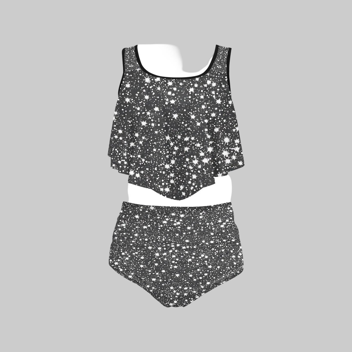 Black White Rock Stardust High Waisted Flounce Bikini Swimsuit Set