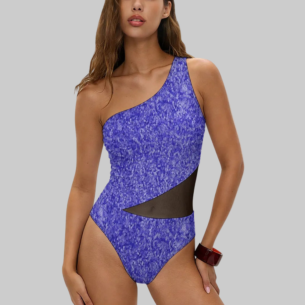 Violet Sequin Illusion One-Shoulder Swimsuit