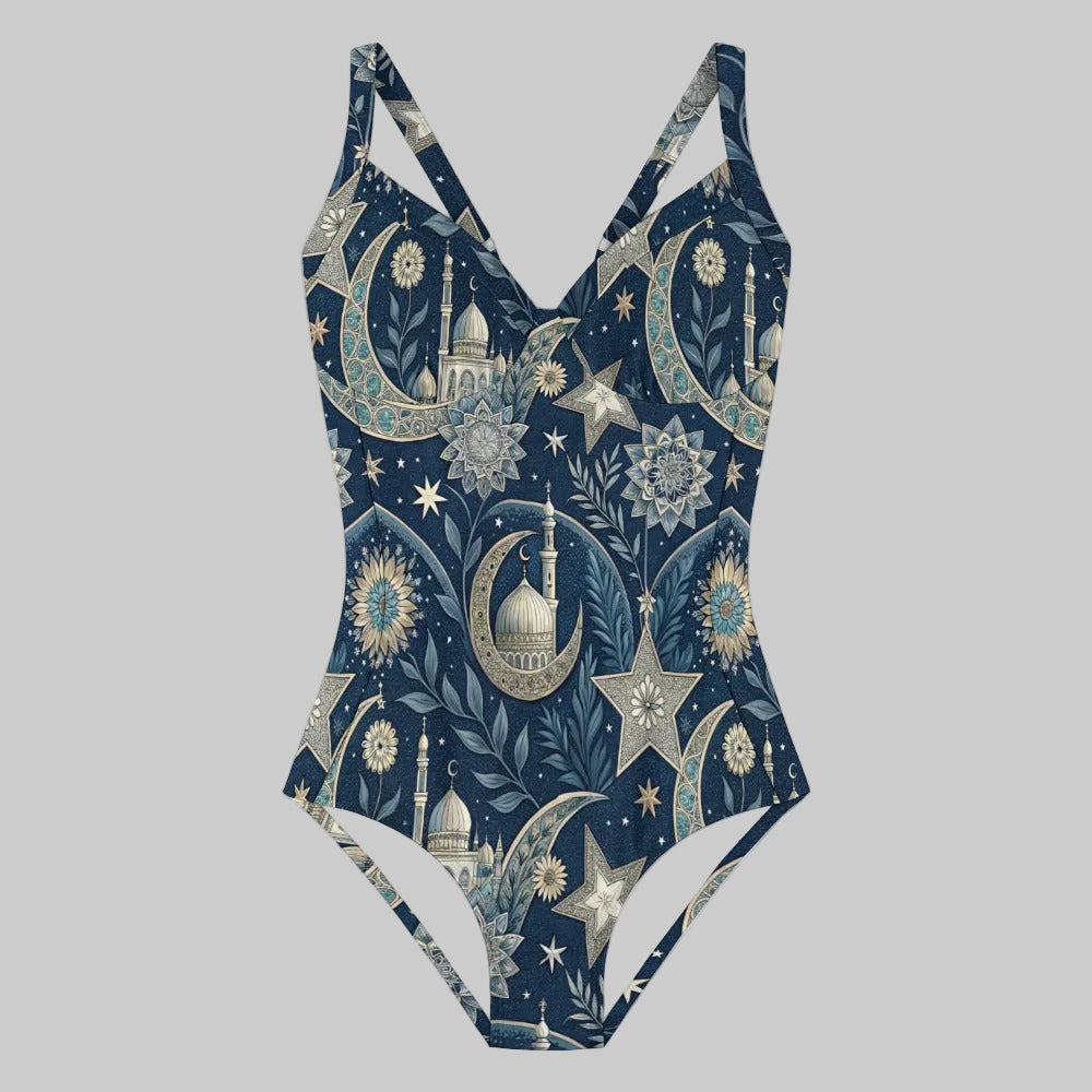 Navy Celestial Moon and Star Floral Print One Piece Swimsuit