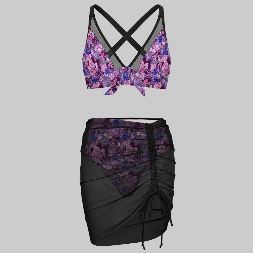 Lavender Floral Mesh Skirt Bikini Set