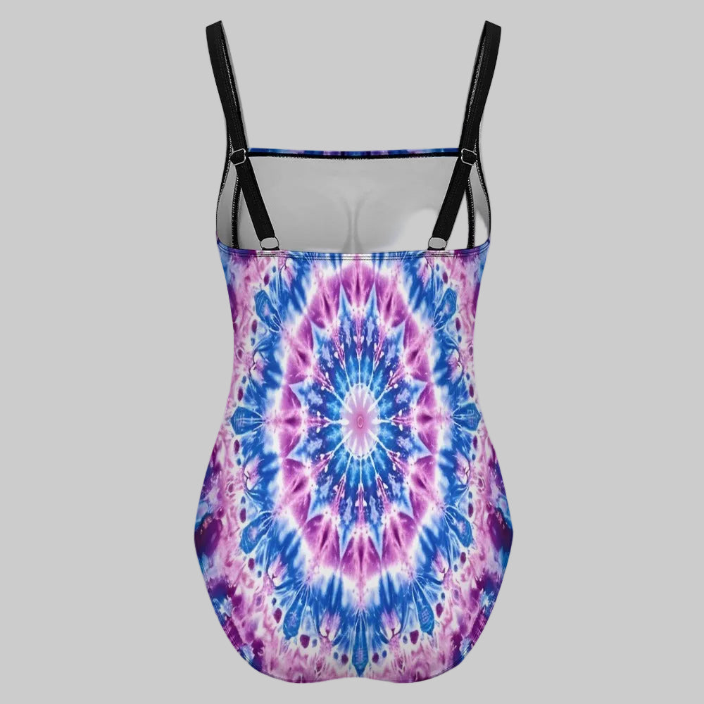 Steel Blue Kaleidoscope Tummy Control High Neck One Piece Swimsuit