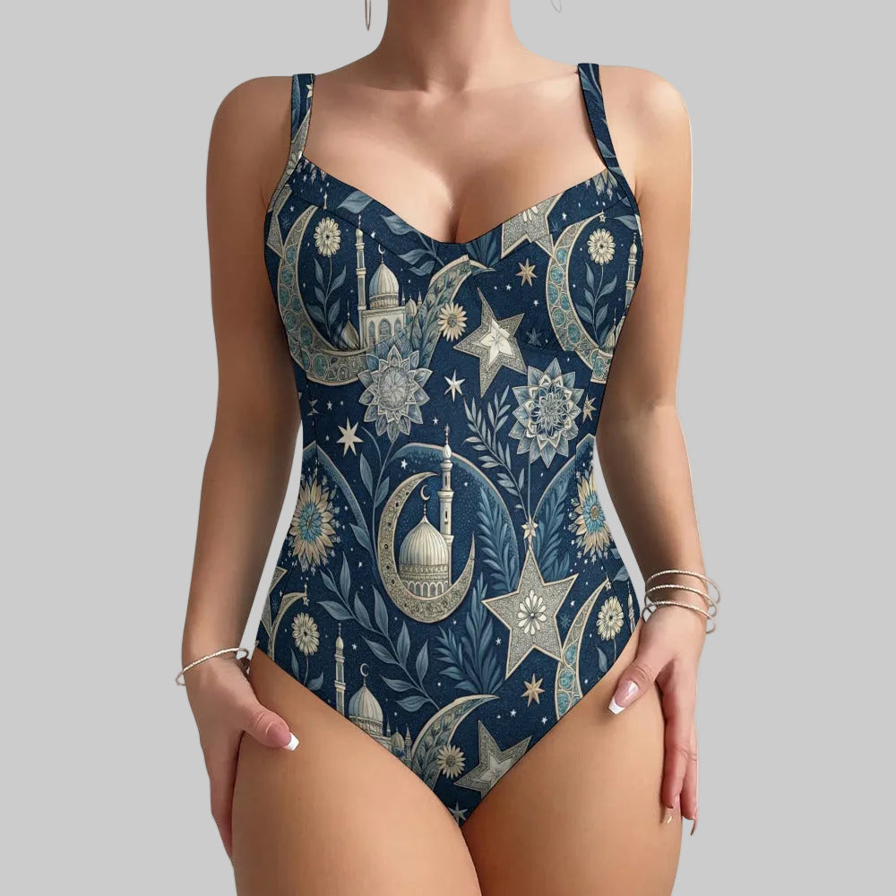 Navy Celestial Moon and Star Floral Print One Piece Swimsuit