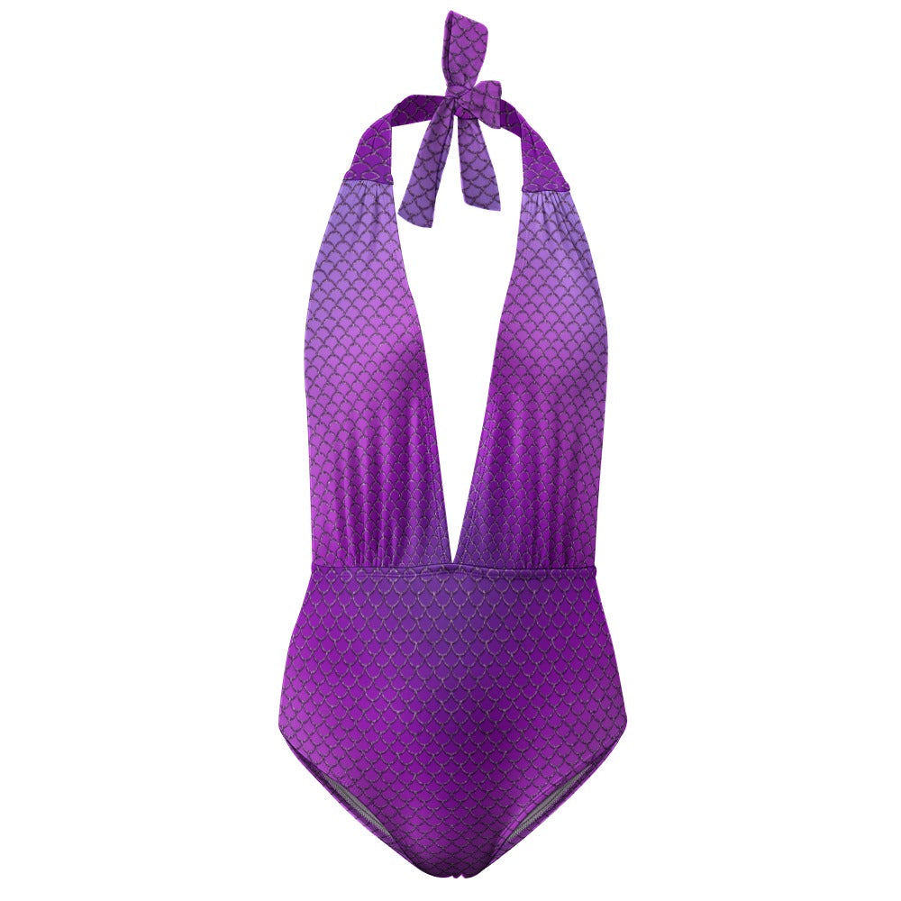 Purple Silver Mermaid Scales Plunging V Halter One Piece