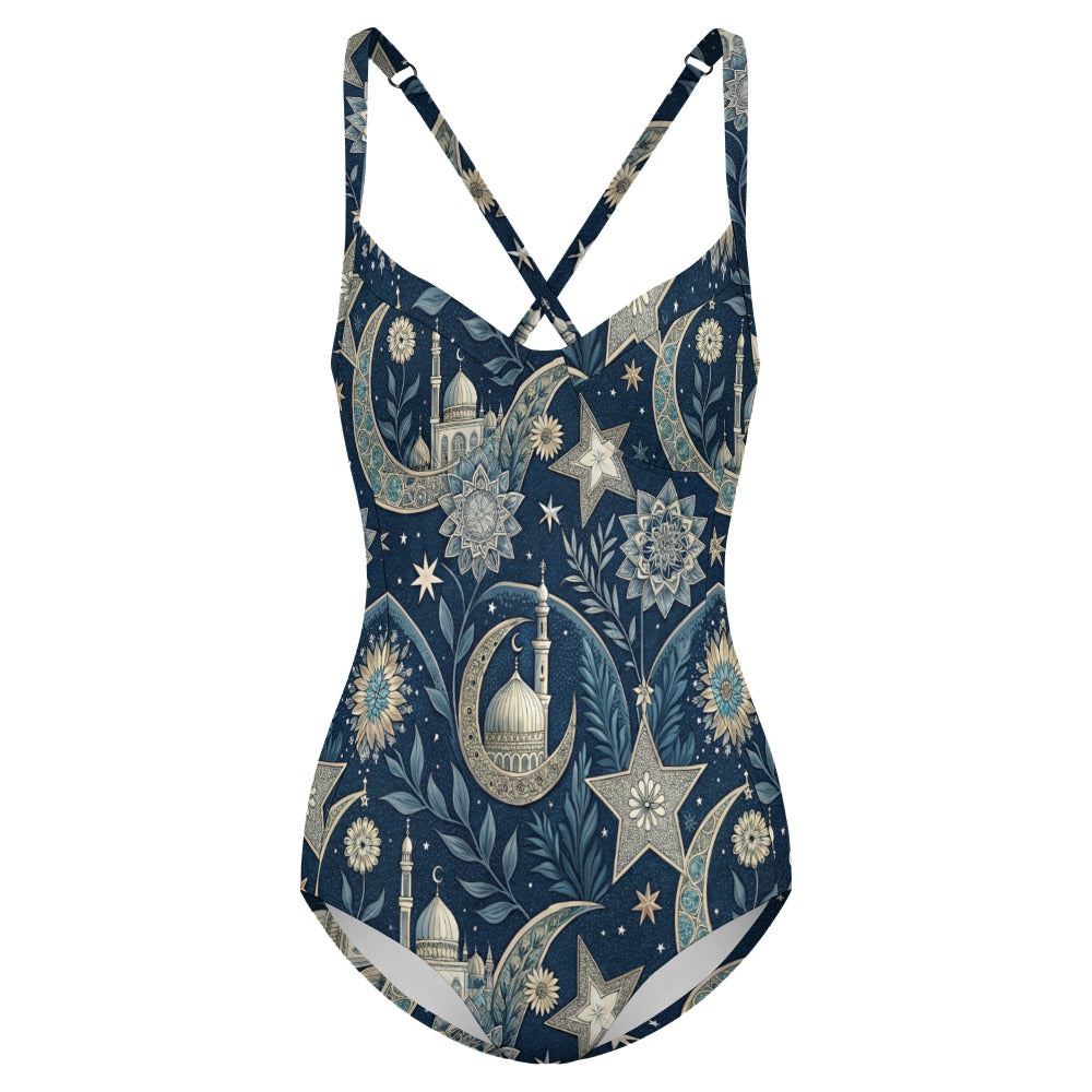Navy Celestial Moon and Star Floral Print One Piece Swimsuit