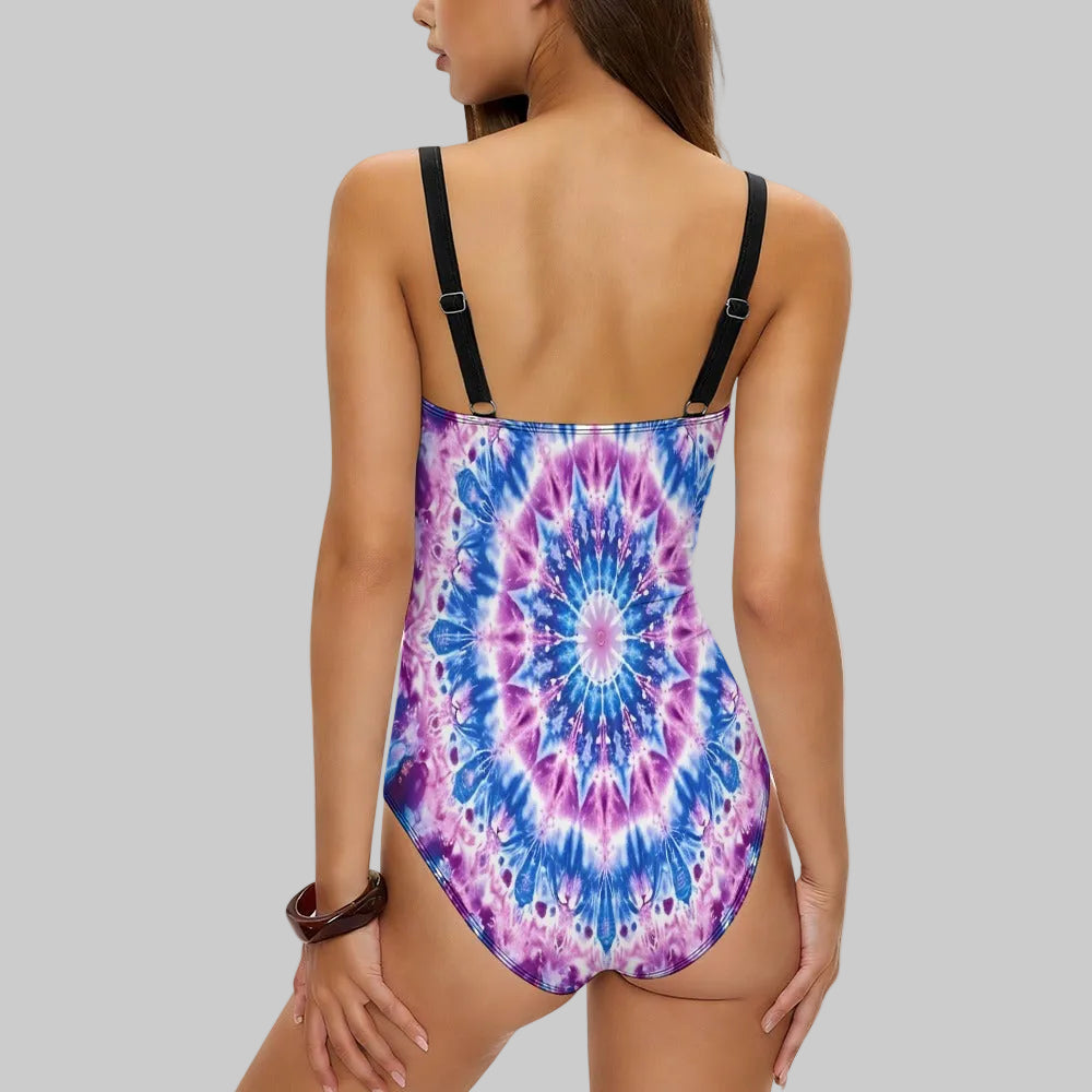 Steel Blue Kaleidoscope Tummy Control High Neck One Piece Swimsuit