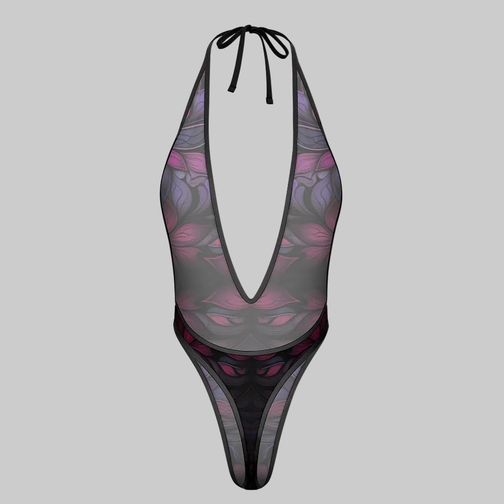 Midnight Orchid Plunging Mesh High Cut Bodysuit Teddy