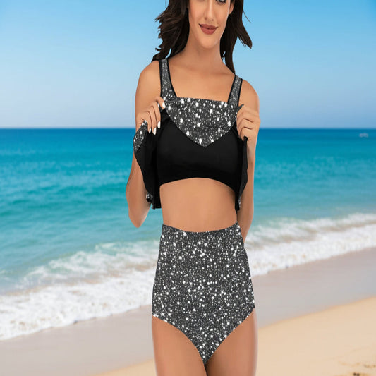 Black White Rock Stardust High Waisted Flounce Bikini Swimsuit Set