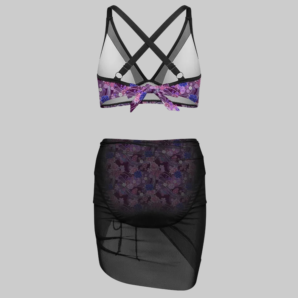 Lavender Floral Mesh Skirt Bikini Set