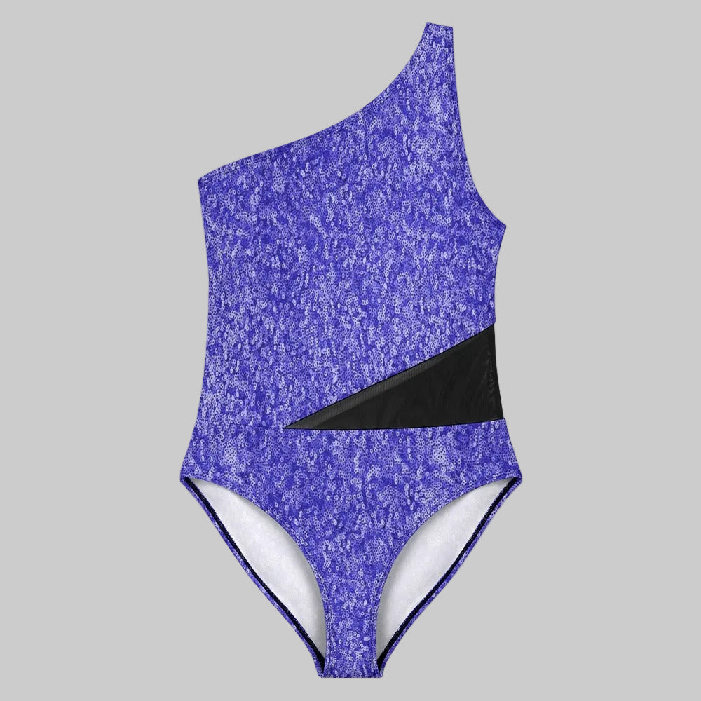 Violet Sequin Illusion One-Shoulder Swimsuit