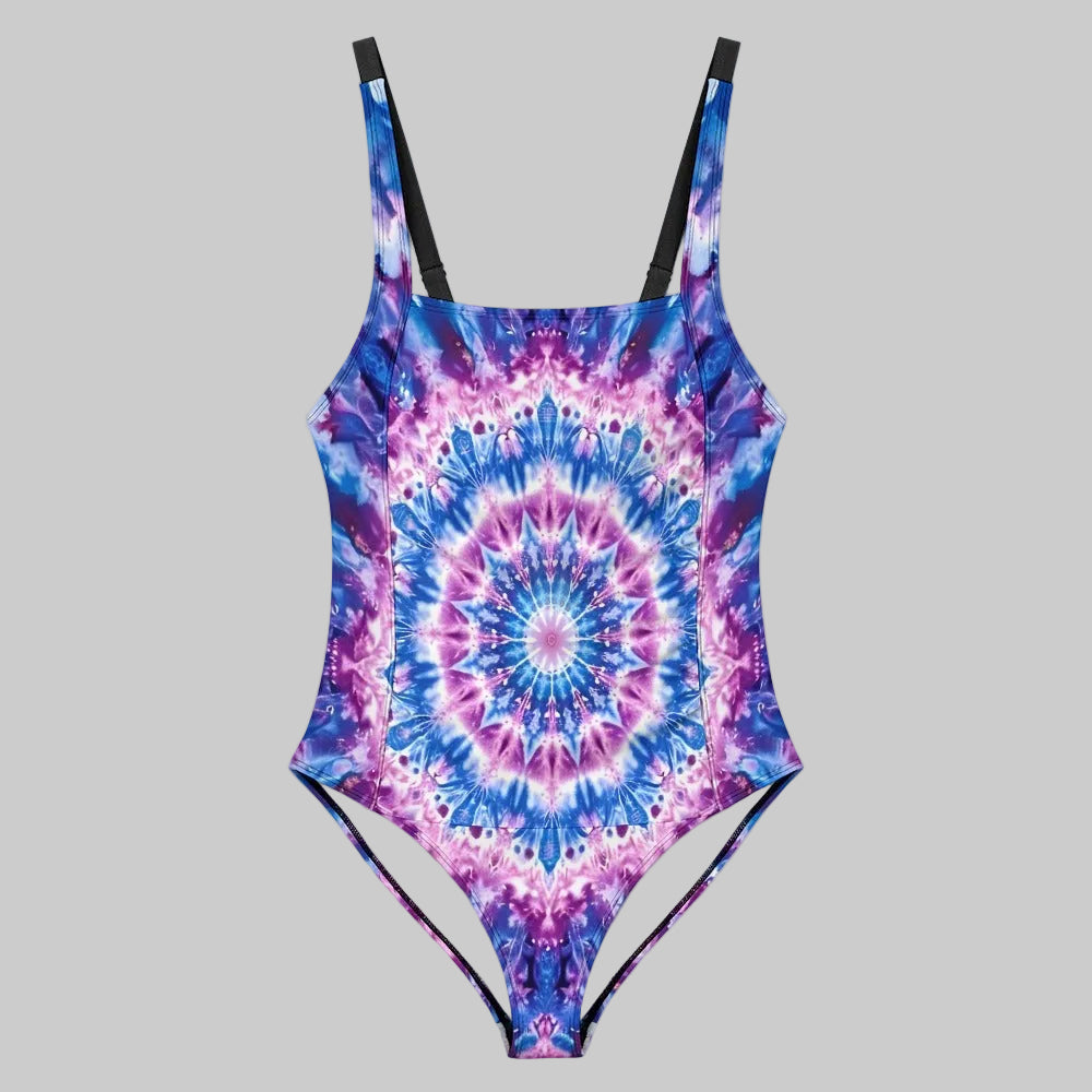 Steel Blue Kaleidoscope Tummy Control High Neck One Piece Swimsuit