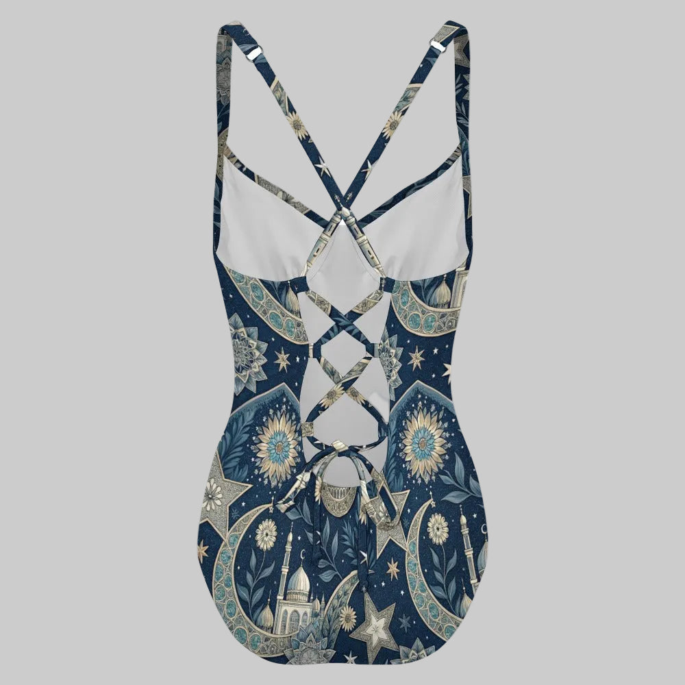 Navy Celestial Moon and Star Floral Print One Piece Swimsuit
