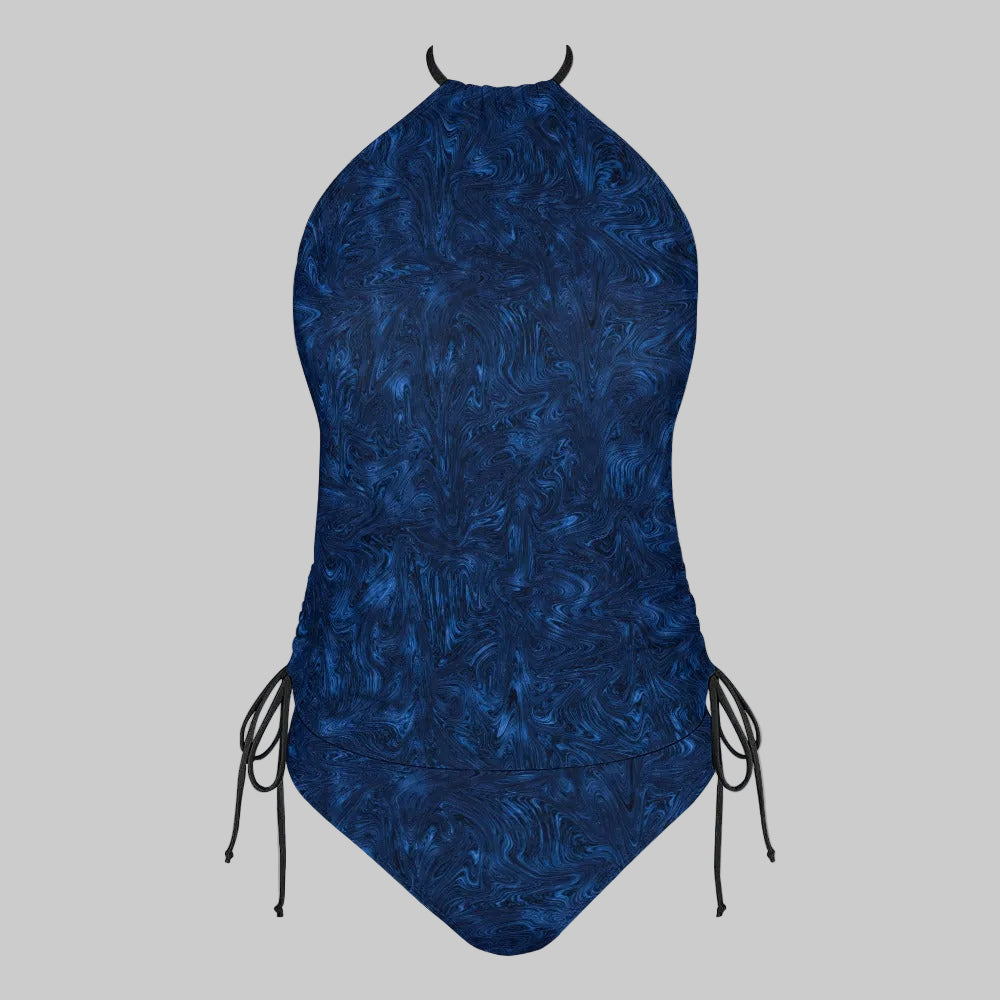 Midnight Blue Fractal High Neck Tankini Two Piece Bikini Set