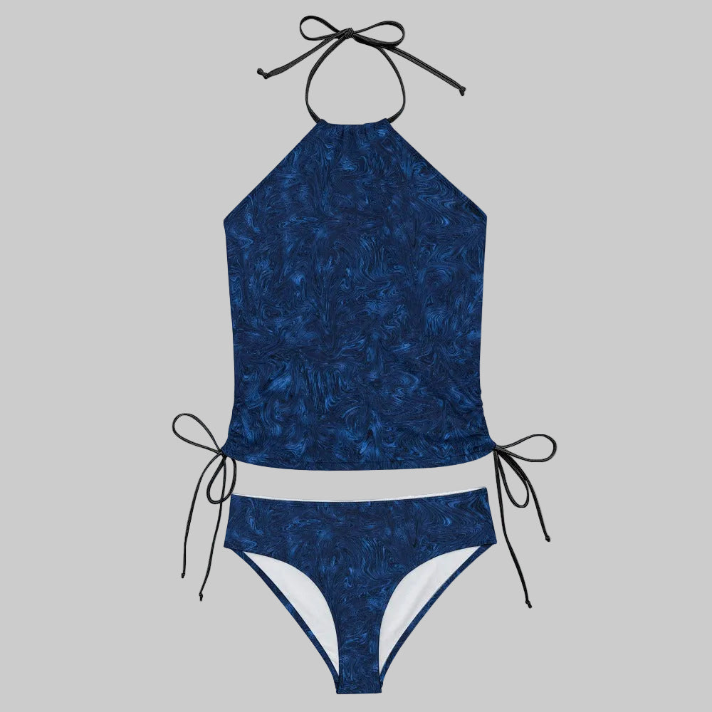 Midnight Blue Fractal High Neck Tankini Two Piece Bikini Set